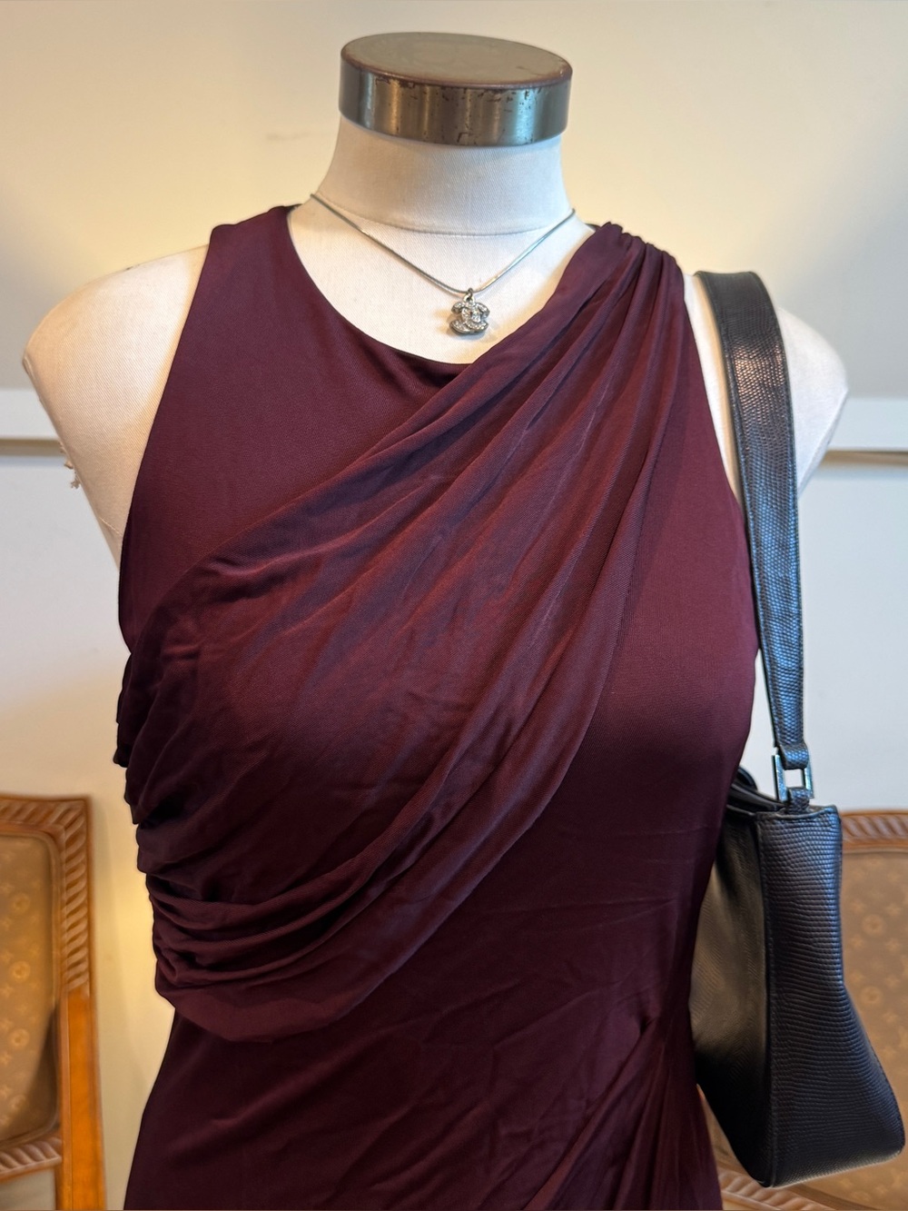 Jill Stuart Sleeveless Draped Rayon Maxi Dress Plum Burgundy 8 Medium Side Slit - Picture 2 of 6